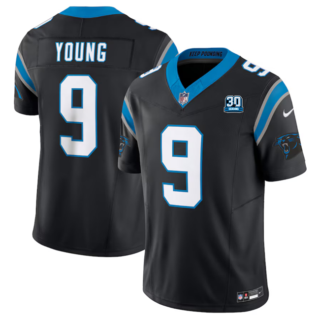 Men's Carolina Panthers #9 Bryce Young Black 2024 30th Anniversary Patch F.U.S.E. Vapor Limited Football Stitched Jersey